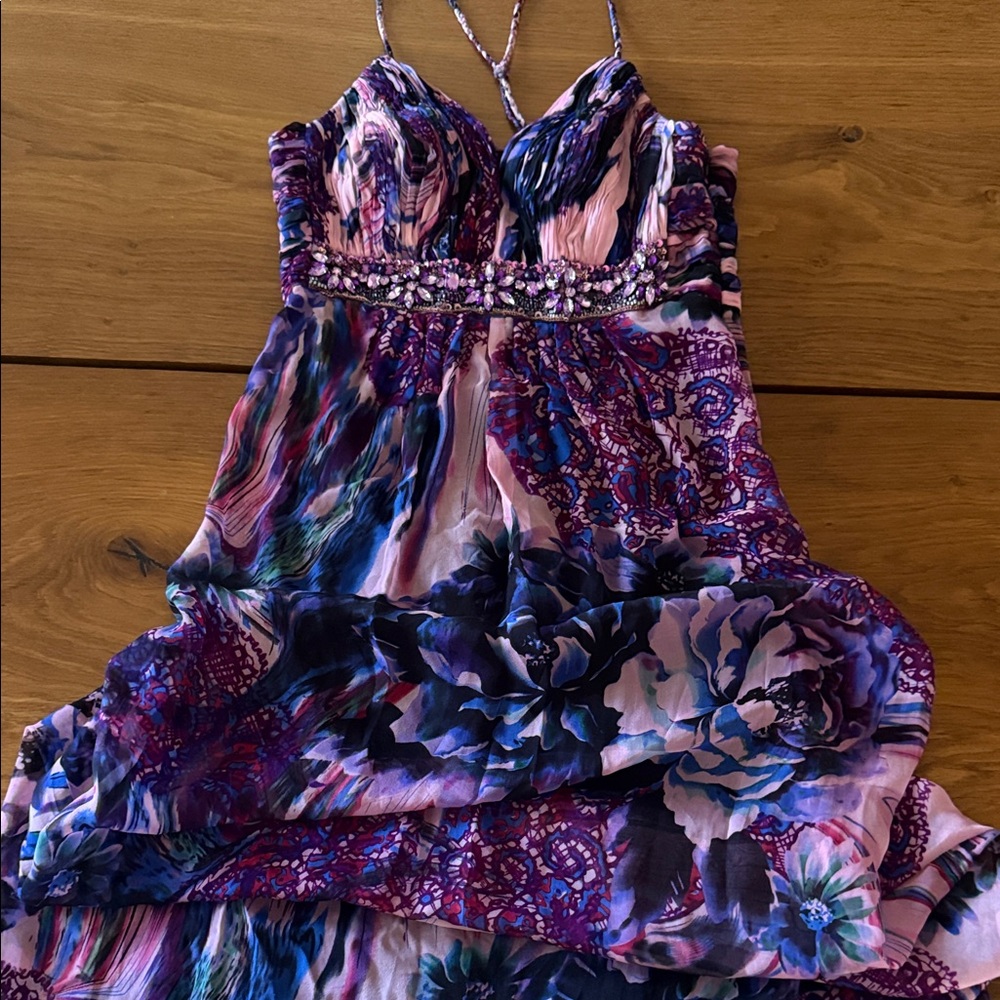 Sue Wong Bejeweled Dress in Purple and Pink Floral